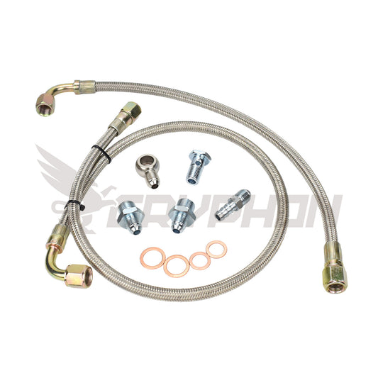 Turbo water line kit with 6AN braided hoses and fittings for Holden VL RB30ET using GT37R to GT45R turbos in a top mount setup