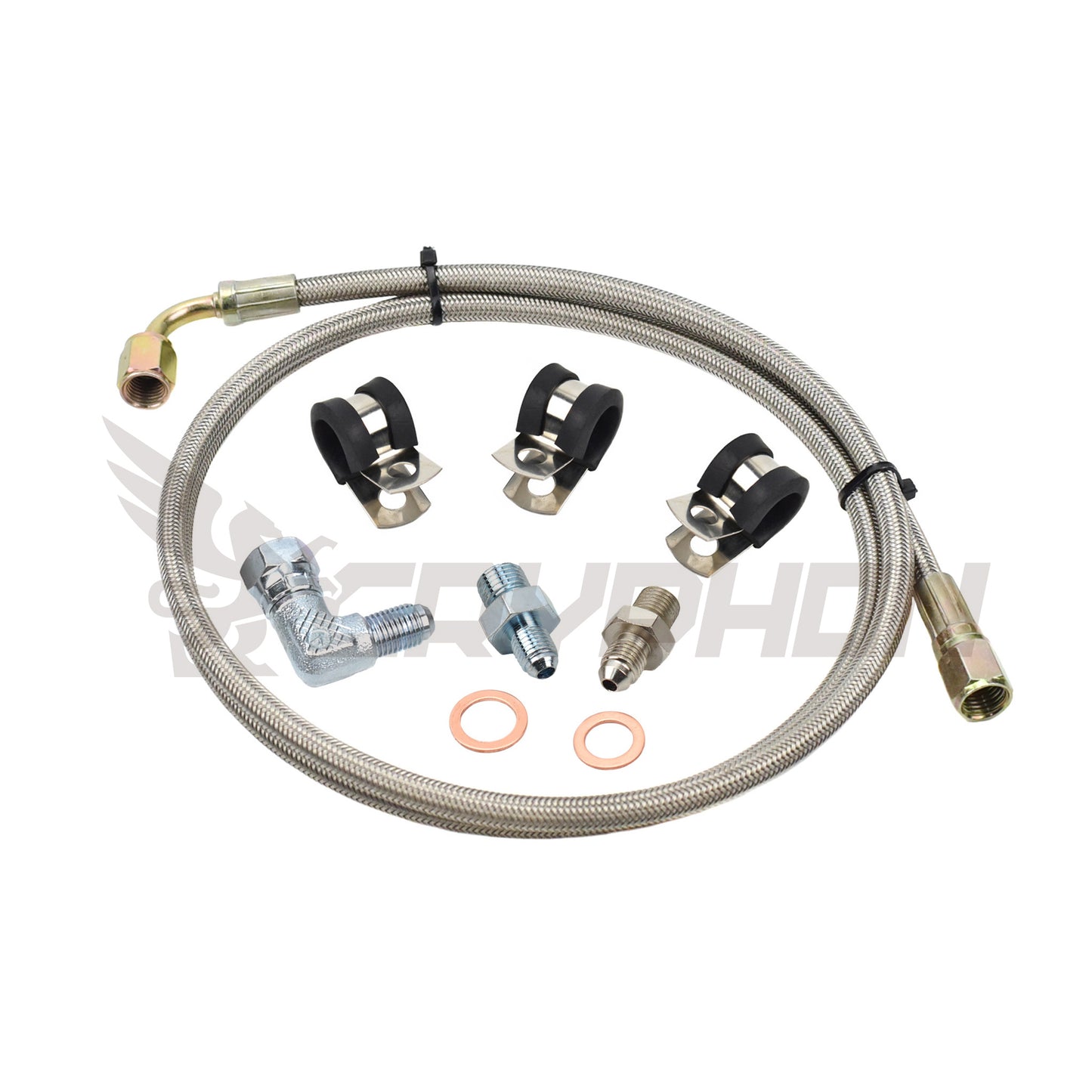 Turbo oil feed line kit for Vauxhall Opel Astra GSI SRI VXR and Zafira Z20LEH / Z20LET engines with K04 turbo, includes 4AN PTFE braided stainless hose, 1.8mm restrictor fitting, copper washers, and hardware.