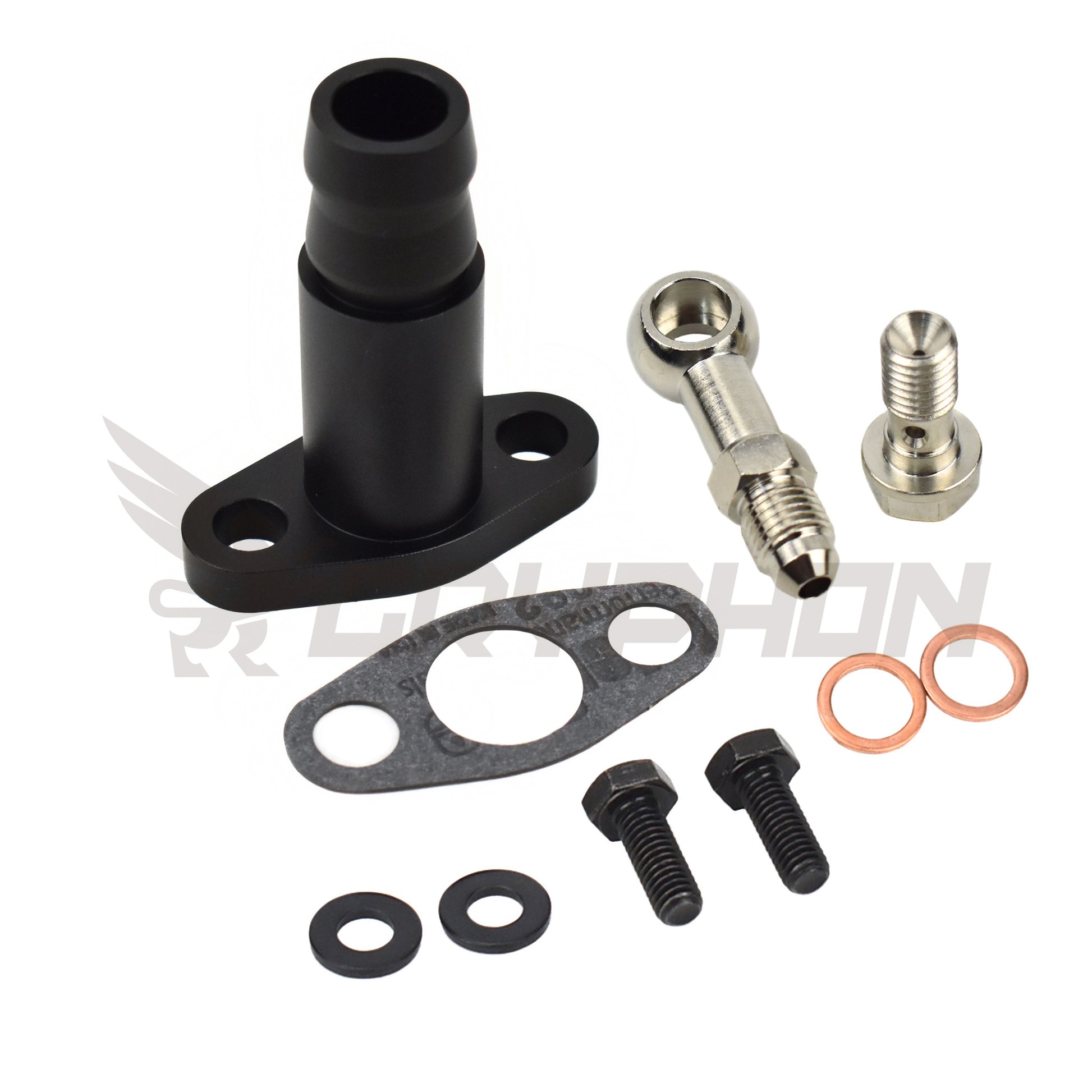 Turbo oil feed fitting and drain flange kit for Garrett GBC Series GBC17-250, GBC20-300 and GBC22-350 journal bearing turbo.
