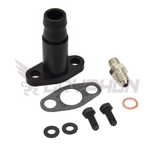 Turbo oil feed fitting and drain flange kit for Garrett GBC Series GBC17-250, GBC20-300 and GBC22-350 journal bearing turbo.