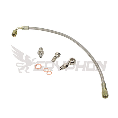 Turbo oil feed line kit for DSM 1G / 2G Eclipse Talon Laser 4G63 with 14B 16G 20G, includes 4AN braided hose, banjo bolt, restricted fitting, and copper washers