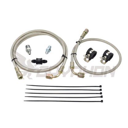 Turbo oil feed line kit for Mitsubishi EVO 4–9 4G63T with Garrett G25 / G30 / G35 turbo, 4AN PTFE braided stainless hose with 1.0 mm restrictor 