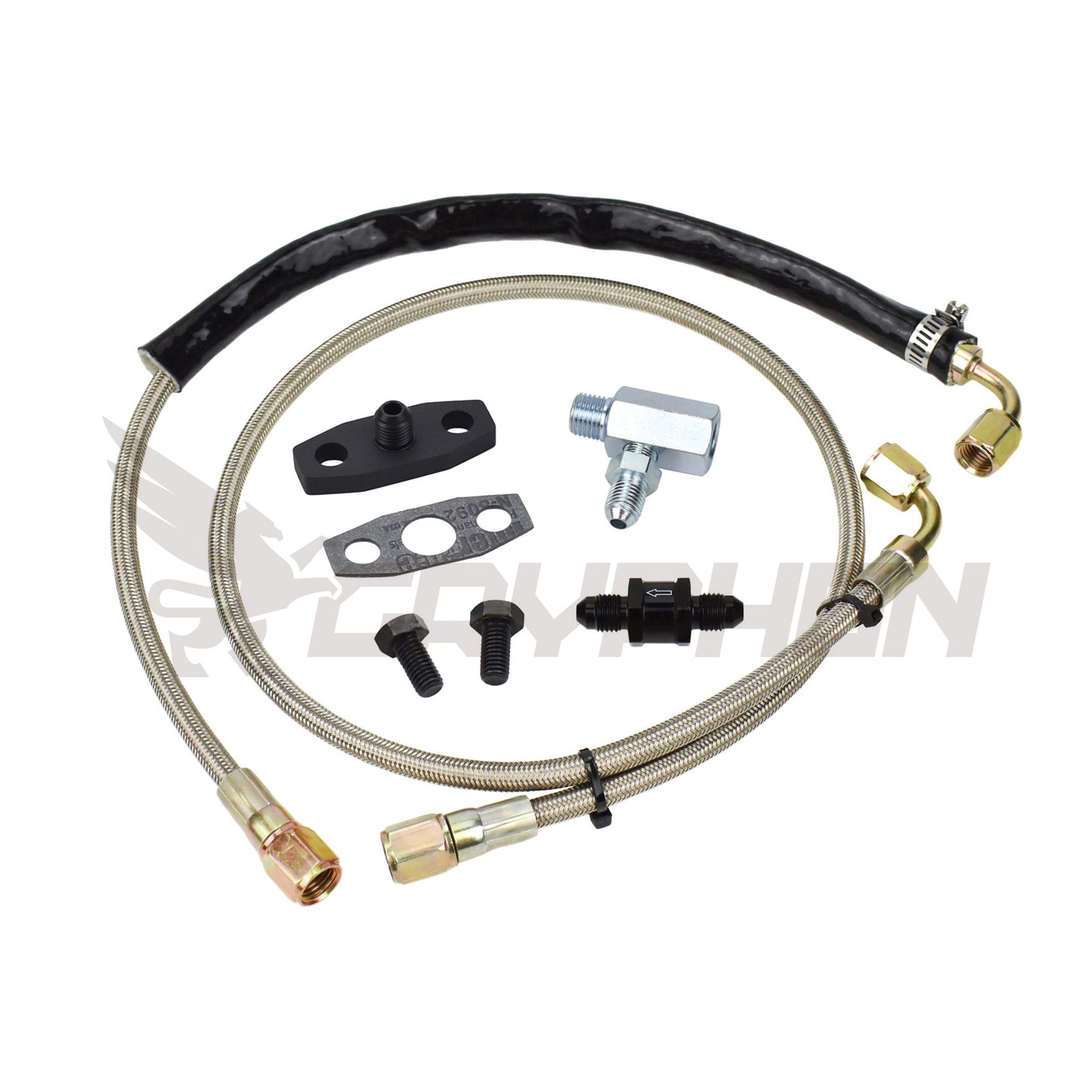 Turbo oil feed line kit for Ford Falcon XR6 FPV F6 BA BF FG Barra engines with Garrett G-Series G40 G42 G45 top-mount turbo, includes 4AN PTFE braided stainless hose, 2.0 mm restrictor flange, gasket, bolts, and inline conical oil filter.
