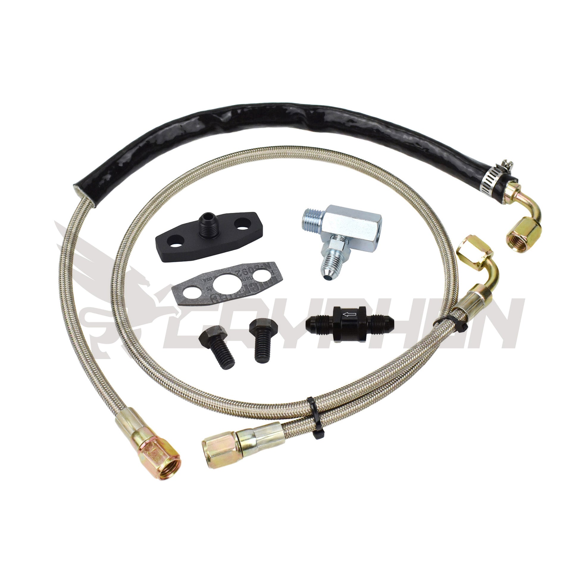 Turbo oil feed line kit for Ford Falcon XR6 FPV F6 BA BF FG Barra engines with Garrett G-Series G40 G42 G45 top-mount turbo, includes 4AN PTFE braided stainless hose, 2.0 mm restrictor flange, gasket, bolts, and inline conical oil filter.