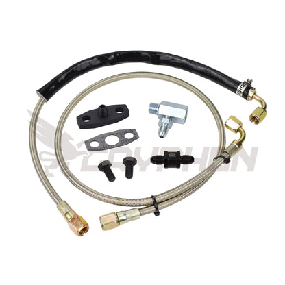 Turbo oil feed line kit for Ford Falcon XR6 FPV F6 BA BF FG Barra engines with Garrett G-Series G40 G42 G45 top-mount turbo, includes 4AN PTFE braided stainless hose, 2.0 mm restrictor flange, gasket, bolts, and inline conical oil filter.