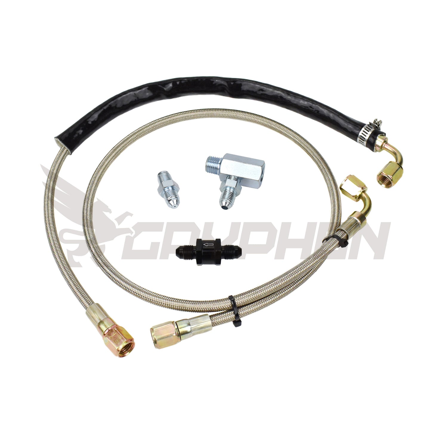 Turbo oil feed line kit for Ford Falcon XR6 FPV F6 BA BF FG Barra turbo engines with Garrett GT3576R GT3582R GTX3584RS, featuring 4AN PTFE braided stainless hose, 400-mesh filter, and restrictor fitting for reliable oil flow.