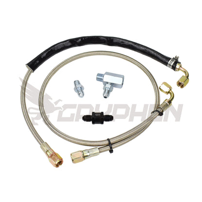 Turbo oil feed line kit for Ford Falcon XR6 FPV F6 BA BF FG Barra turbo engines with Garrett GT3576R GT3582R GTX3584RS, featuring 4AN PTFE braided stainless hose, 400-mesh filter, and restrictor fitting for reliable oil flow.