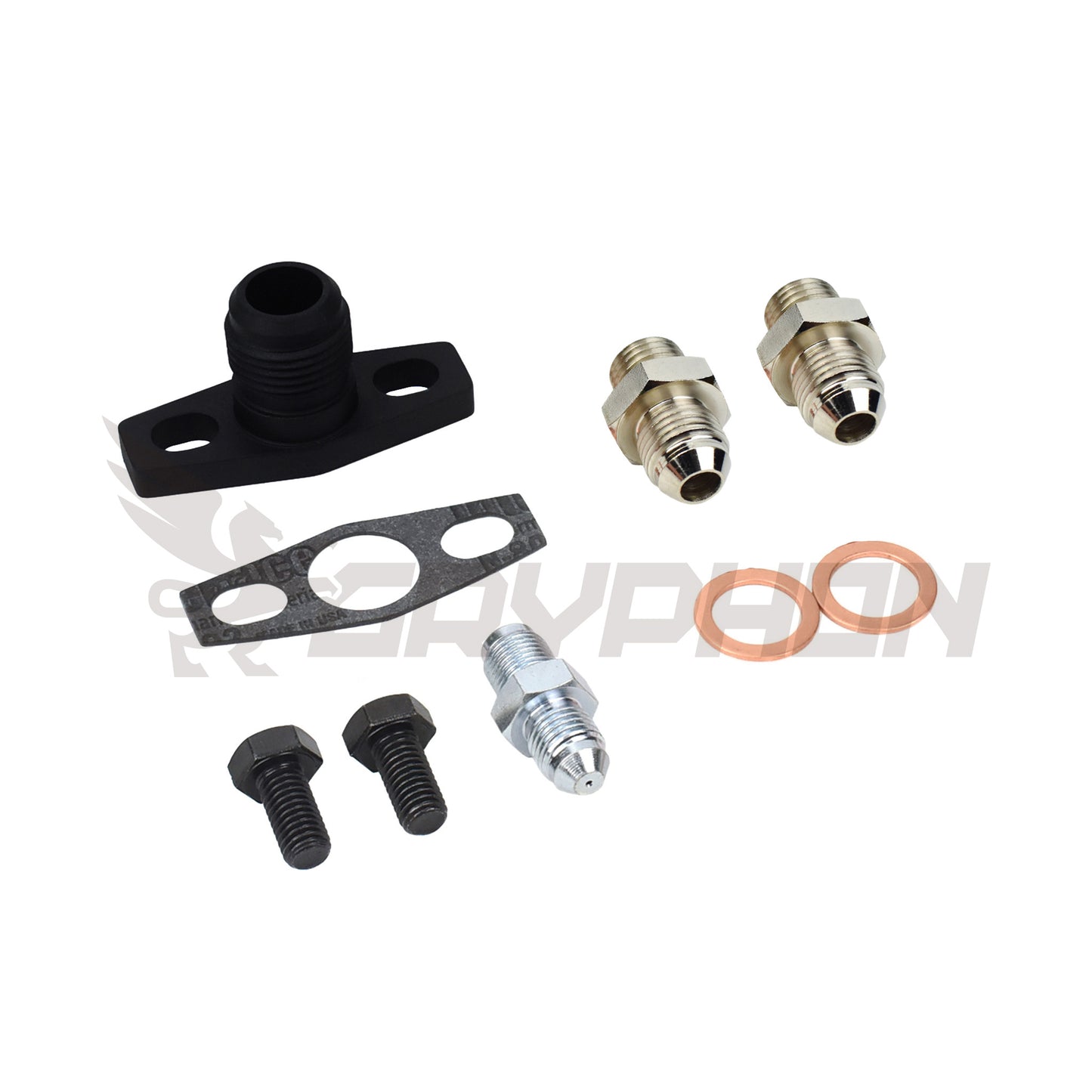 Complete Garrett G25 G30 G35 turbo oil and water fitting kit with all adapters, flanges, gaskets, and bolts