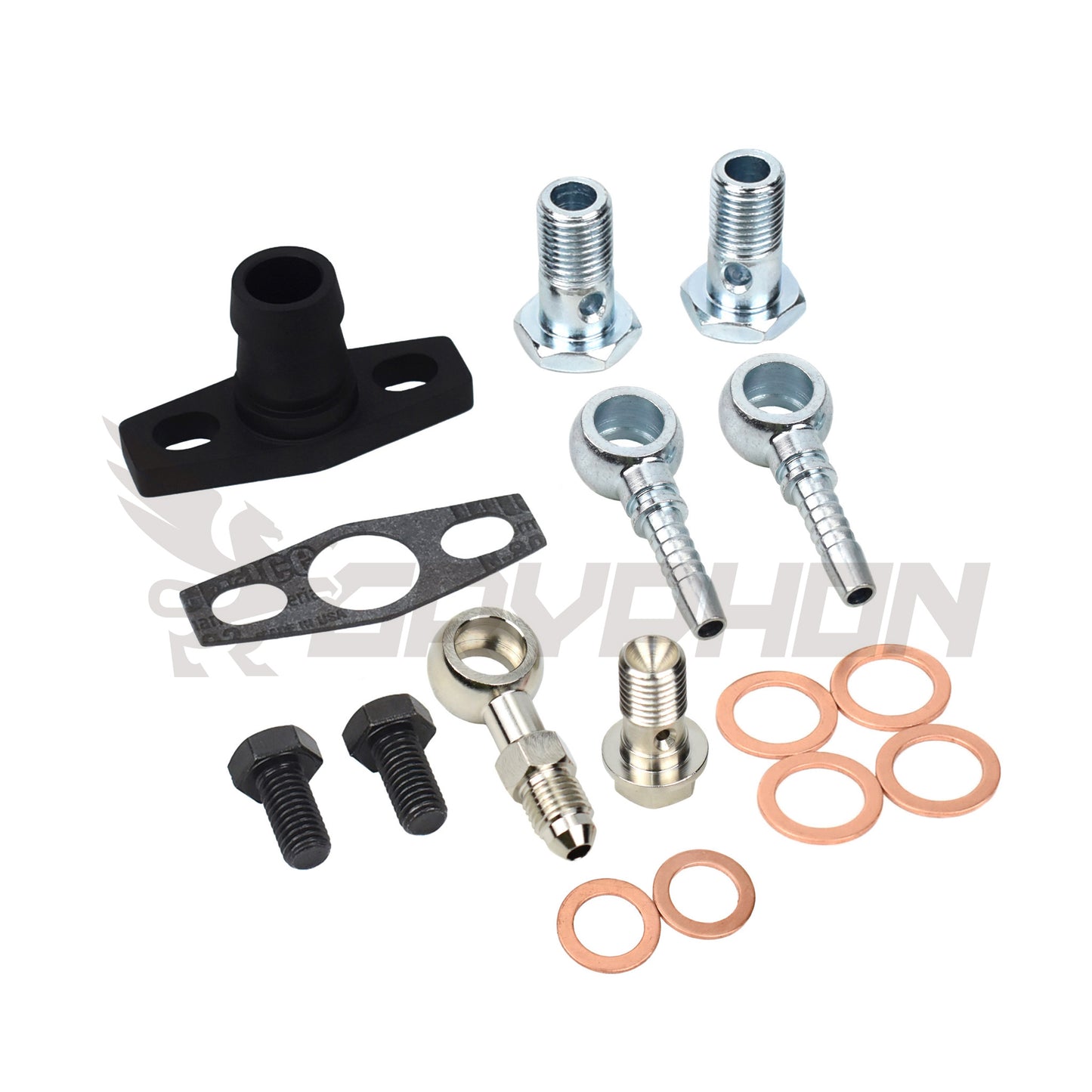 Complete Garrett G25 G30 G35 turbo oil and water fitting kit with all adapters, flanges, gaskets, and bolts
