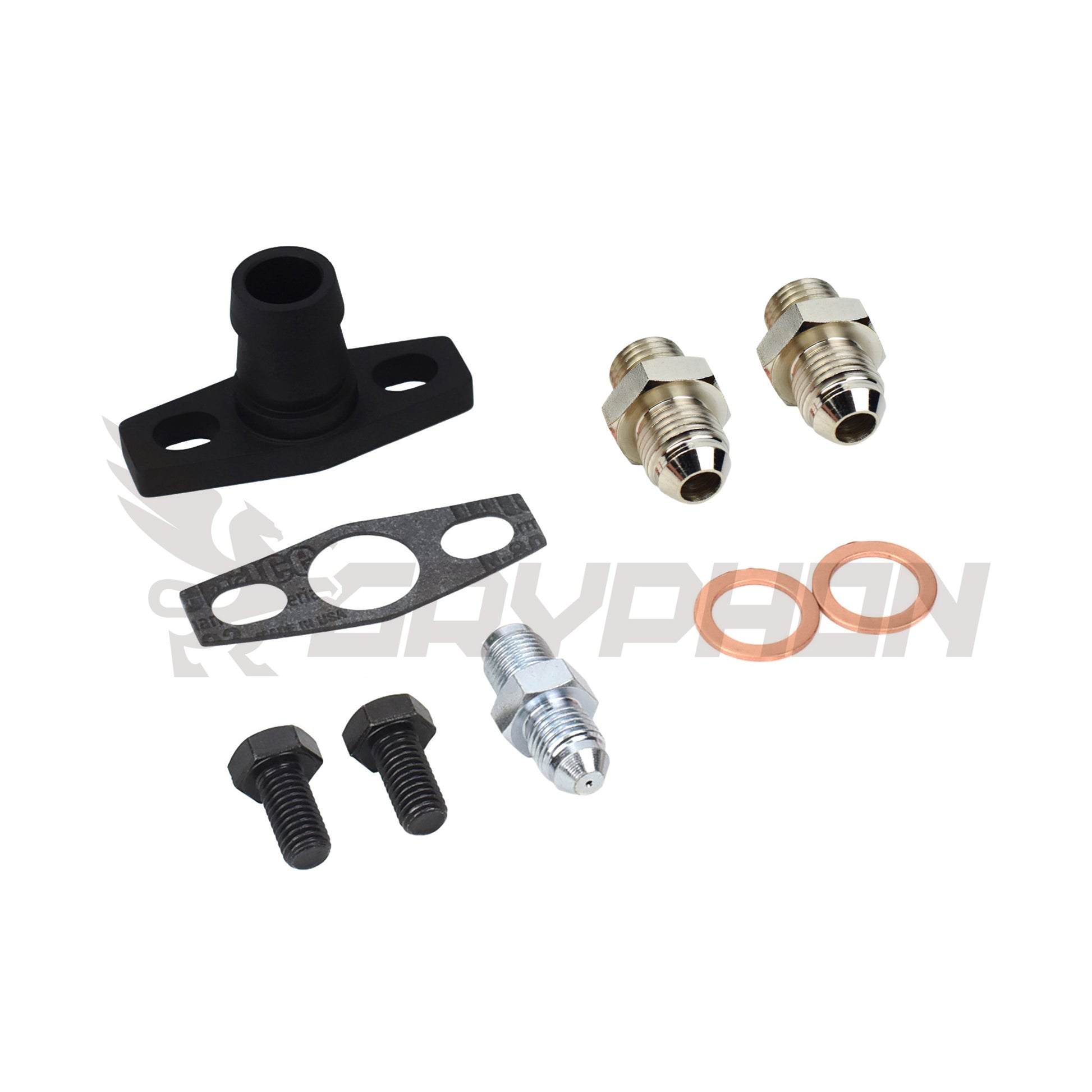 Close-up view of Garrett G-Series turbo oil feed, oil return, and water line fittings