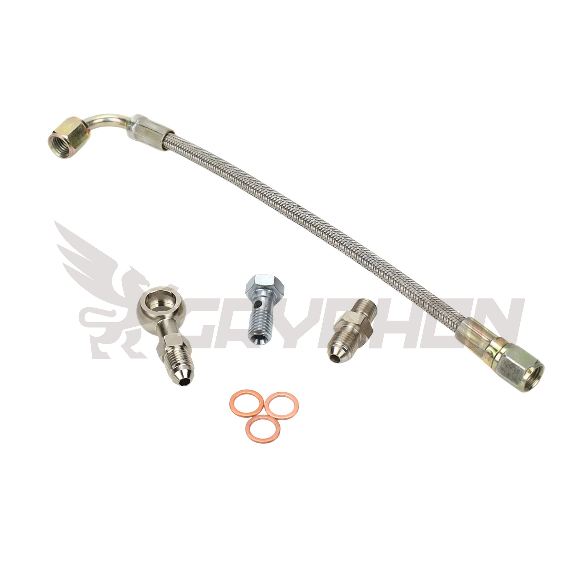 Turbo oil feed line kit for Mazda Bravo B2500 / Ford Courier WL-T 2.5L with IHI RHF5 VJ25 VJ26 VJ33 turbo, includes 4AN PTFE braided stainless hose, 1.8 mm restrictor fitting, banjo bolt, and copper washers for direct-fit installation.