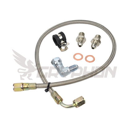 Turbo oil feed line kit for Mazdaspeed MS3 MS6 CX-7 Axela 2.3L with stock K0422 turbo, 4AN PTFE braided stainless hose, restrictor fitting, complete installation kit