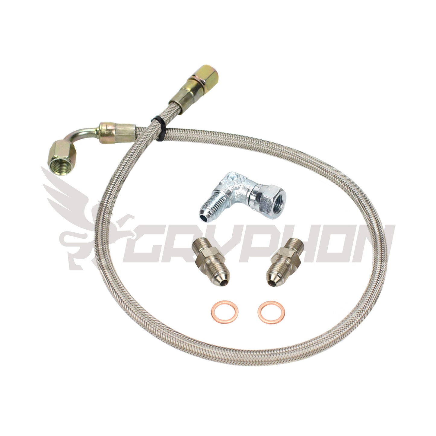 Turbo oil feed line kit for Mazda MX-5 Miata early MK1 with IHI VJ35 journal-bearing turbo conversion, 4AN PTFE stainless braided hose with 1.8 mm restricted adapter fitting and copper crush washer.