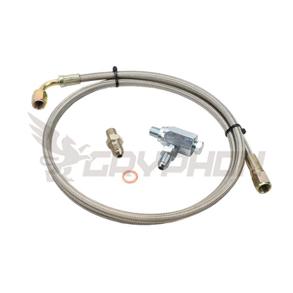 Turbo oil feed line kit for Mazda MX-5 Miata late MK1, MK2, MK2.5 with IHI VJ35 journal-bearing turbo conversion, 4AN PTFE stainless braided hose with 1.8 mm restricted adapter fitting and copper crush washer.