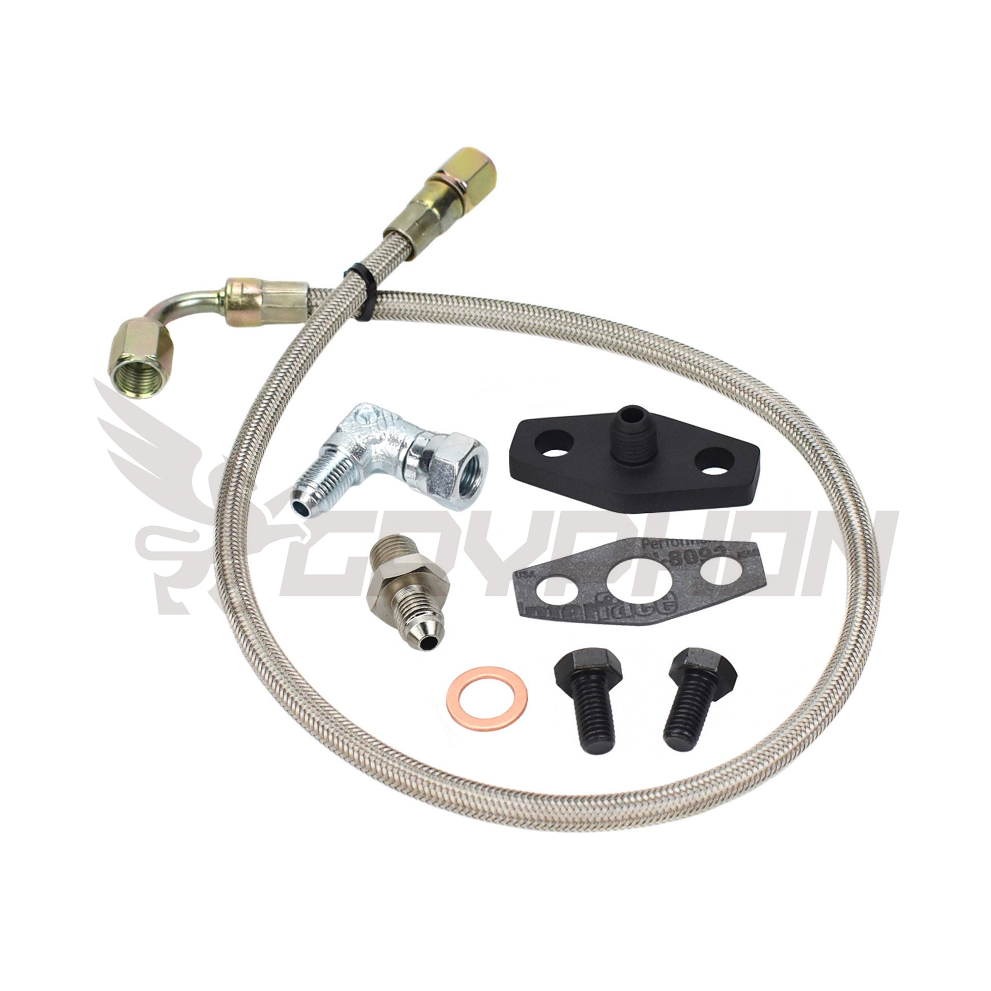 Turbo oil feed line kit for Mazda RX-7 FC 13B with stock HT18S-2S turbo, 4AN PTFE braided stainless hose, restrictor fitting, complete installation kit (not for FD)