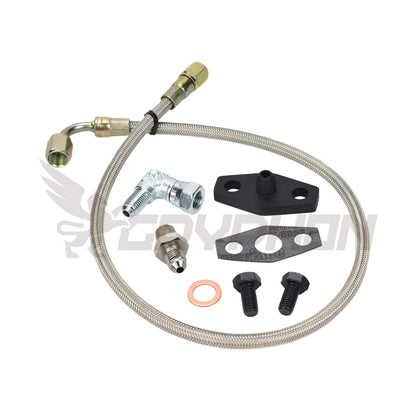 Turbo oil feed line kit for Mazda RX-7 FC 13B with stock HT18S-2S turbo, 4AN PTFE braided stainless hose, restrictor fitting, complete installation kit (not for FD)
