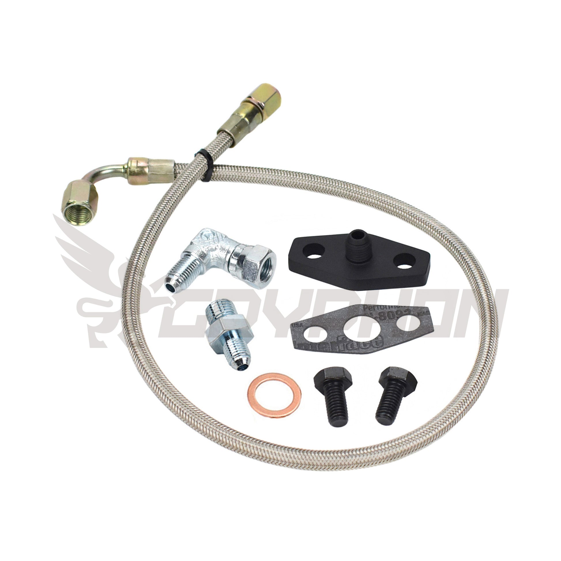 Turbo oil feed line kit for Mazda RX-7 FD single turbo conversion with Garrett T3/T4, 4AN PTFE braided stainless hose, restrictor fitting, complete kit
