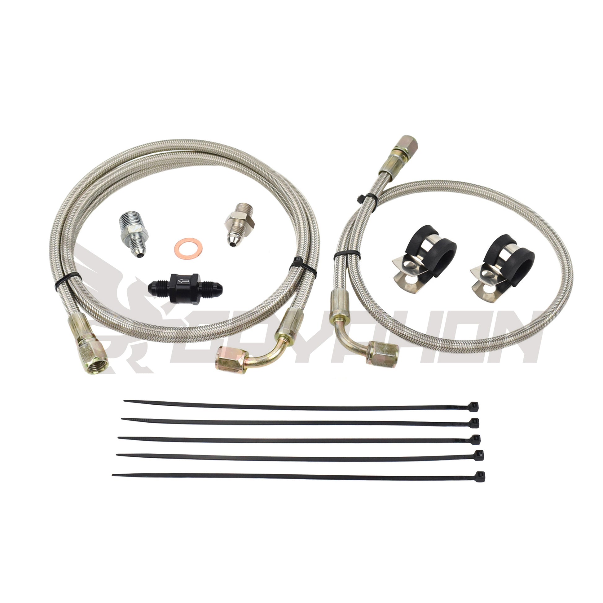 Turbo oil feed line kit for Mitsubishi Lancer EVO 4–9 4G63T TD05HR turbo, 4AN PTFE Teflon braided stainless hose   from filter location.
