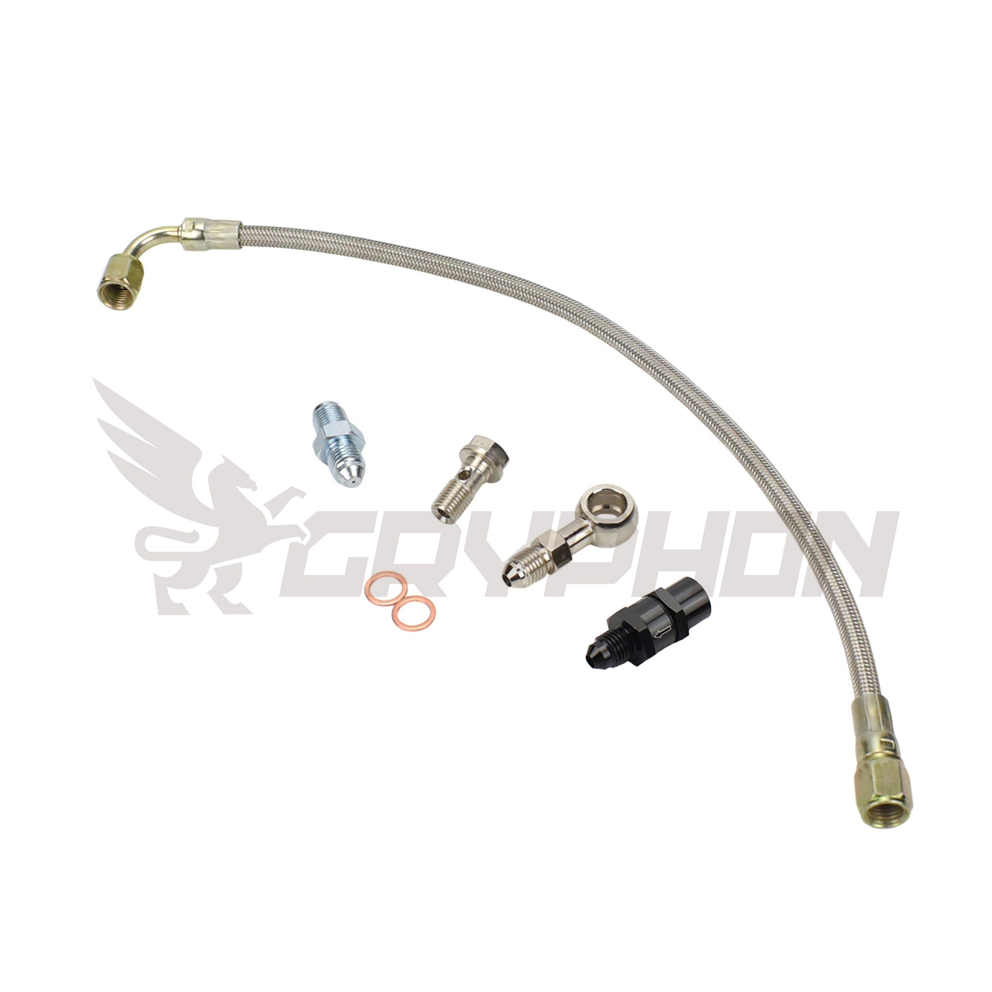 Turbo oil feed line kit for Mitsubishi EVO X 4B11T with Garrett GT30R GTX3071R GTX3076R, 4AN PTFE braided hose, 1.0mm restrictor and in-line filter