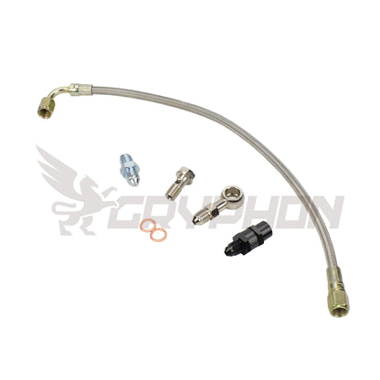 Turbo oil feed line kit for Mitsubishi EVO X 4B11T with Garrett GT30R GTX3071R GTX3076R, 4AN PTFE braided hose, 1.0mm restrictor and in-line filter