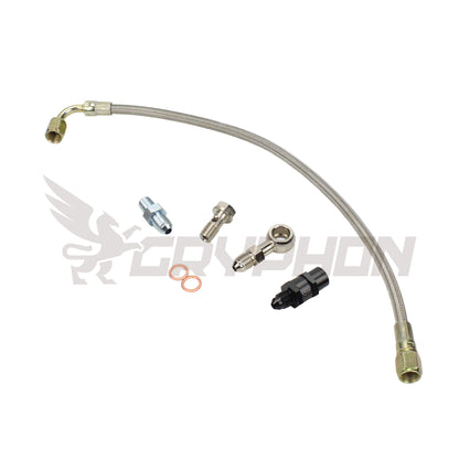 Turbo oil feed line kit for Mitsubishi EVO X 4B11T with Precision PTE turbo (5862 / 6062 / 6266 / 6466 / 7285), 4AN PTFE braided hose and fittings
