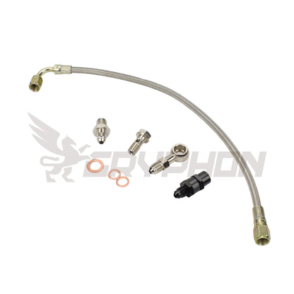 Turbo oil feed line kit for Mitsubishi Lancer EVO X 4B11T with stock TD05H turbo, 4AN PTFE braided hose, filter, restrictor, and fittings