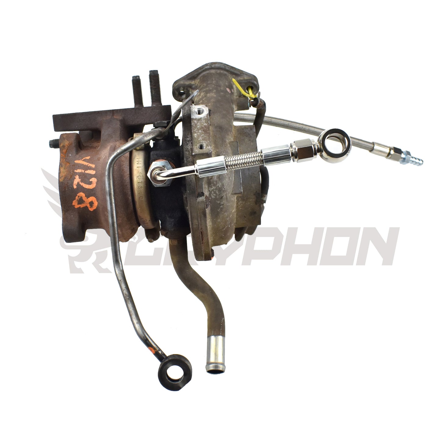 Turbo water line kit for Nissan Cabstar F24M / F24W YD25DDTI with RHF4 VN4 turbocharger, includes 4AN braided stainless coolant feed and return hoses with CNC fittings for OEM-style installation.