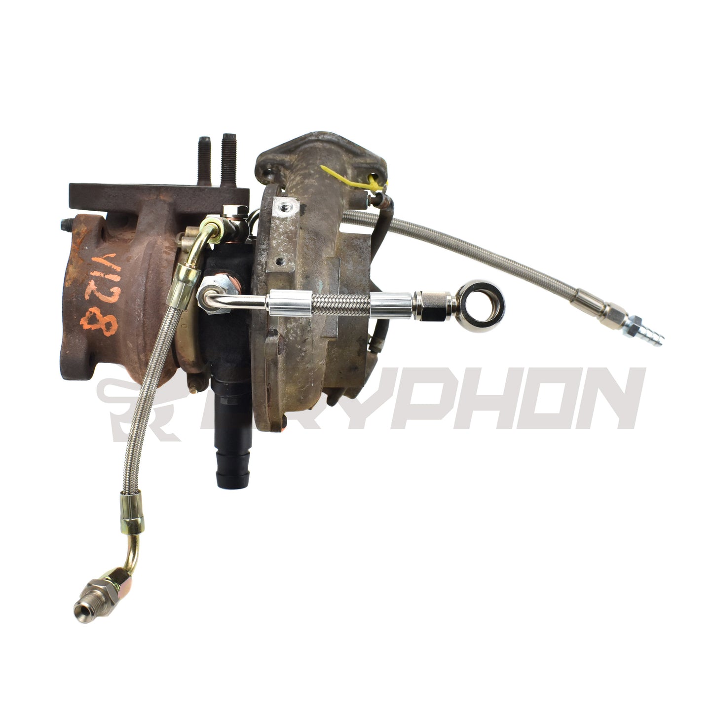 Turbo oil feed line kit for Nissan Cabstar F24M / F24W YD25DDTI with RHF4 VN4 turbocharger, includes 4AN PTFE stainless braided hose and CNC fittings for OEM replacement.