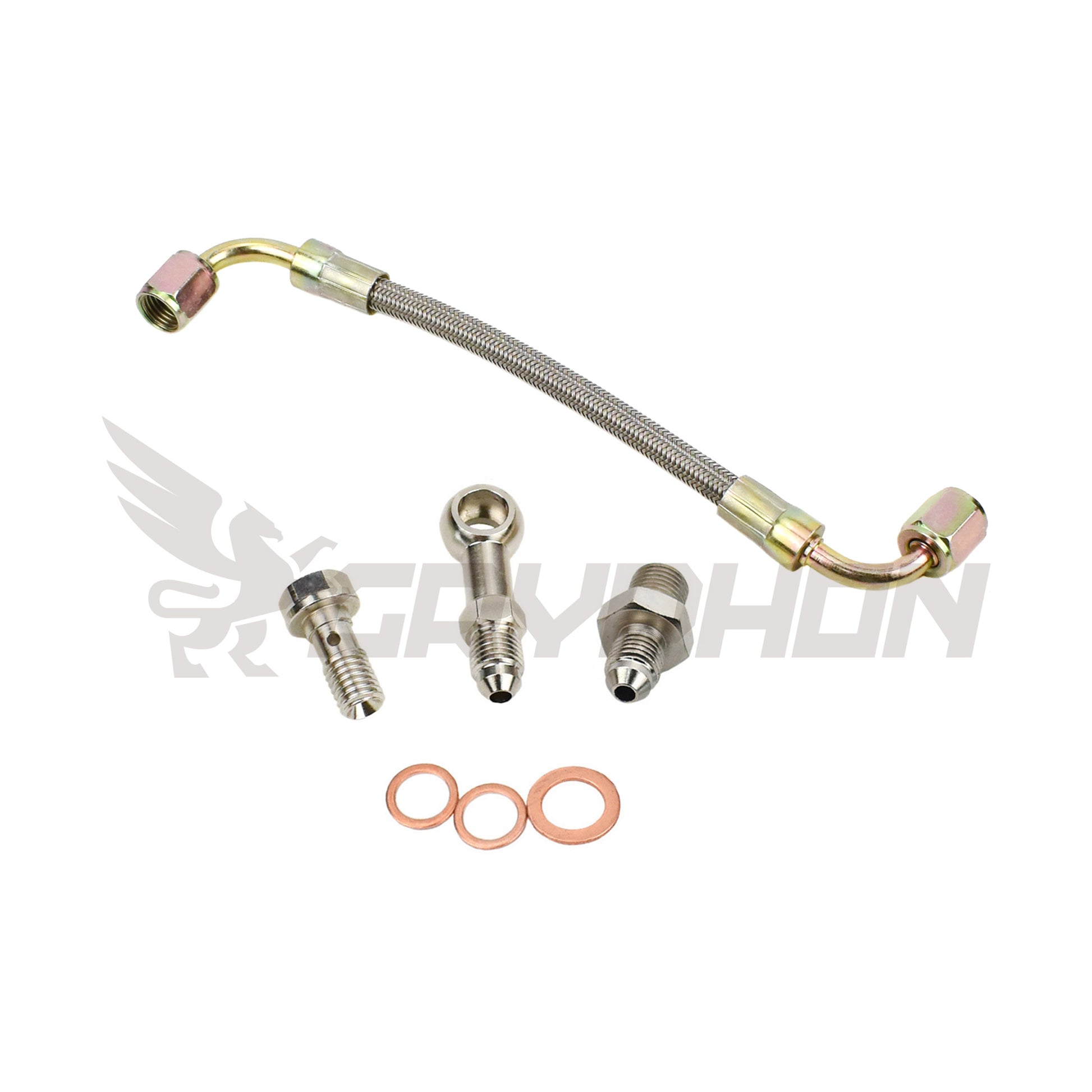 Turbo oil feed line kit for Nissan Cabstar F24M / F24W YD25DDTI with RHF4 VN4 turbocharger, includes 4AN PTFE stainless braided hose and CNC fittings for OEM replacement.