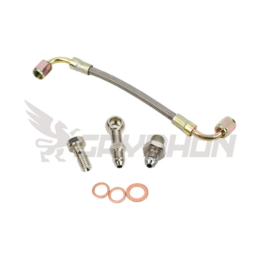 Turbo oil feed line kit for Nissan Cabstar F24M / F24W YD25DDTI with RHF4 VN4 turbocharger, includes 4AN PTFE stainless braided hose and CNC fittings for OEM replacement.