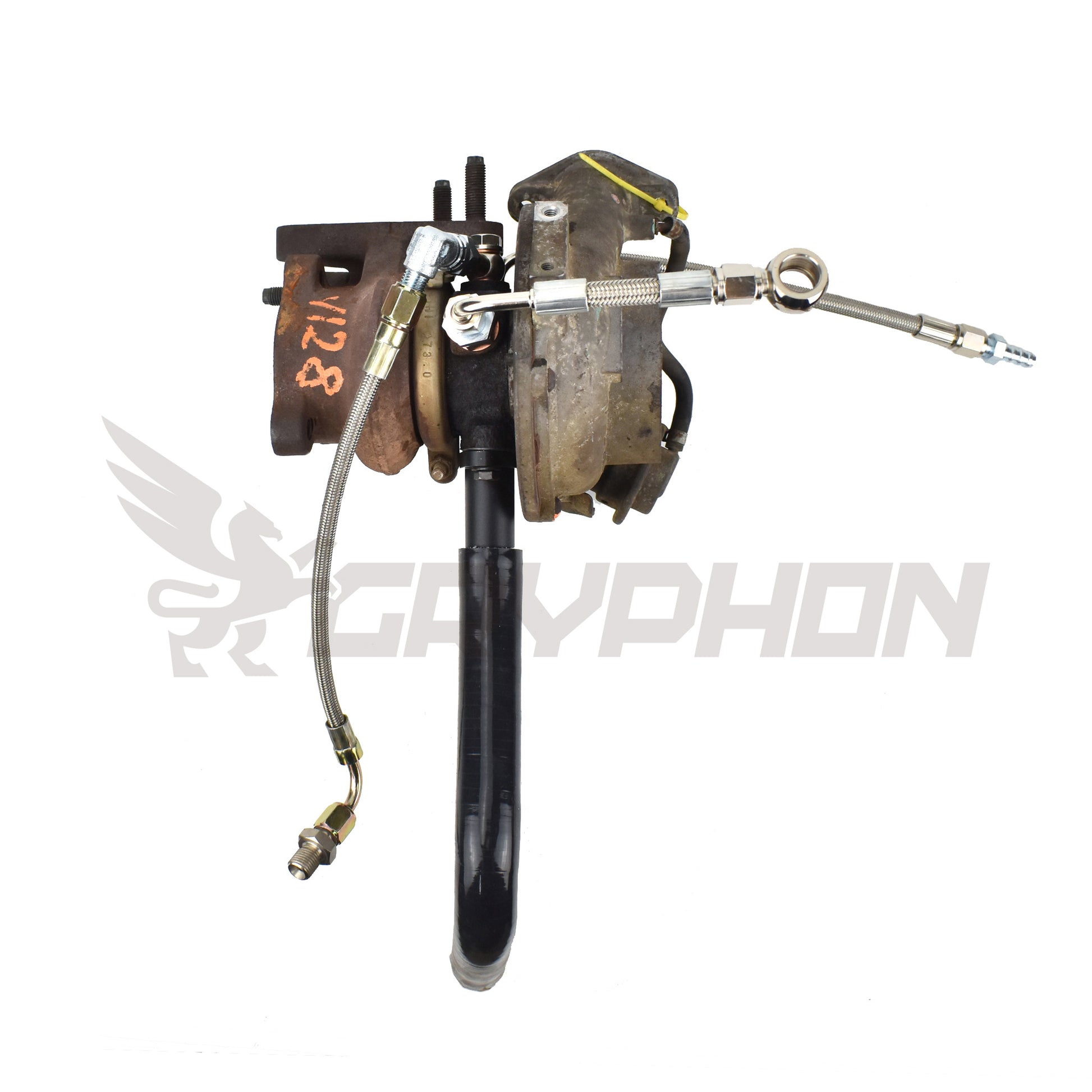 Complete turbo oil and water line kit for Nissan Cabstar F24M / F24W YD25DDTI with RHF4 VN4 turbocharger, includes 4AN PTFE braided oil feed line, silicone oil drain hose, and 4AN braided water lines with 6061-T6 flange and fittings.