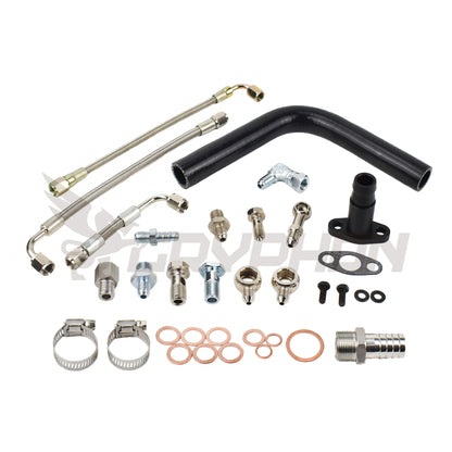 Complete turbo oil and water line kit for Nissan Cabstar F24M / F24W YD25DDTI with RHF4 VN4 turbocharger, includes 4AN PTFE braided oil feed line, silicone oil drain hose, and 4AN braided water lines with 6061-T6 flange and fittings.