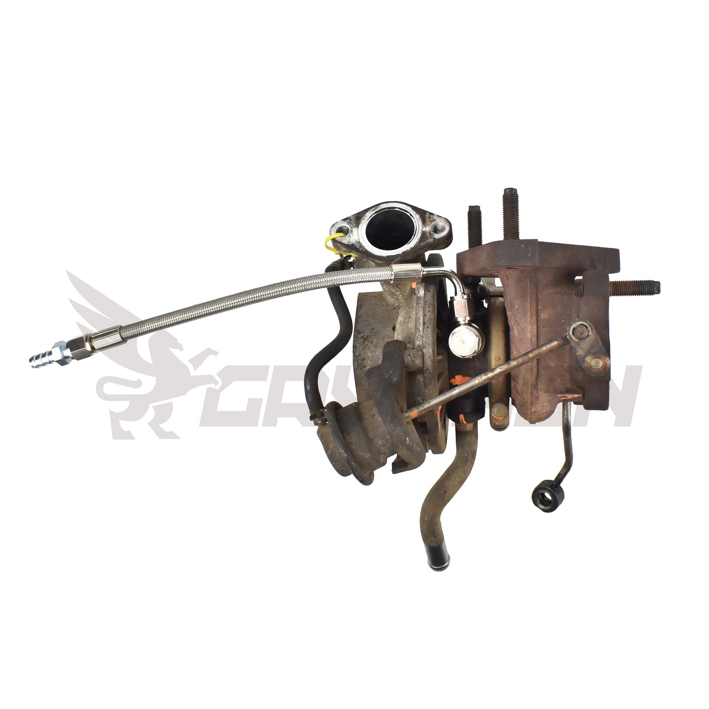 Turbo water line kit for Nissan Cabstar F24M / F24W YD25DDTI with RHF4 VN4 turbocharger, includes 4AN braided stainless coolant feed and return hoses with CNC fittings for OEM-style installation.