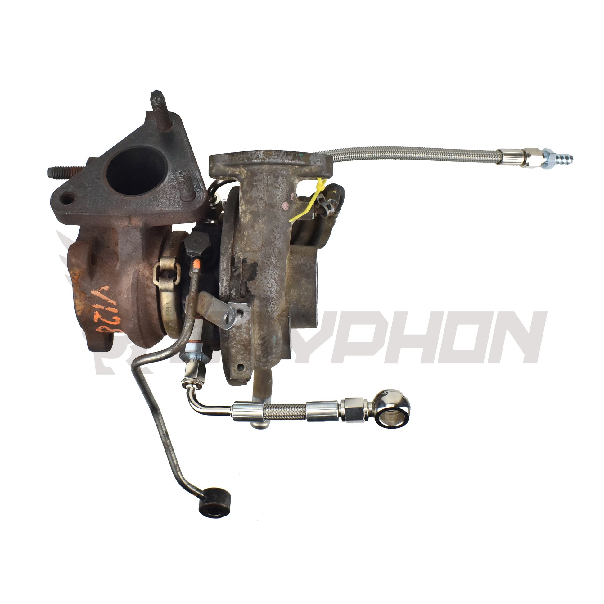 Turbo water line kit for Nissan Cabstar F24M / F24W YD25DDTI with RHF4 VN4 turbocharger, includes 4AN braided stainless coolant feed and return hoses with CNC fittings for OEM-style installation.