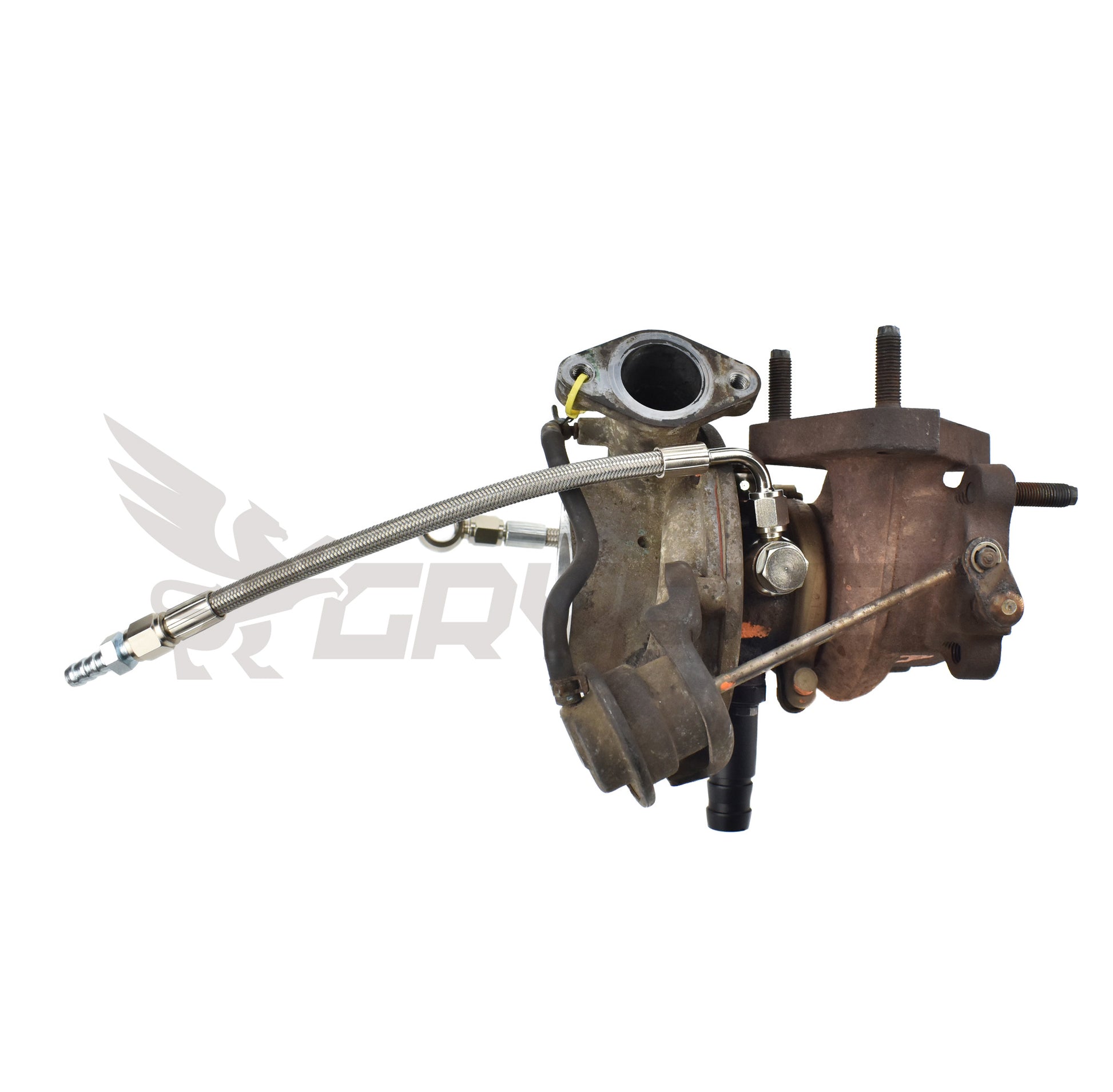 Complete turbo oil and water line kit for Nissan Cabstar F24M / F24W YD25DDTI with RHF4 VN4 turbocharger, includes 4AN PTFE braided oil feed line, silicone oil drain hose, and 4AN braided water lines with 6061-T6 flange and fittings.