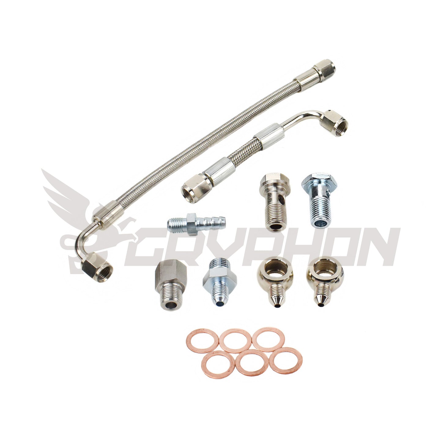 Turbo water line kit for Nissan Cabstar F24M / F24W YD25DDTI with RHF4 VN4 turbocharger, includes 4AN braided stainless coolant feed and return hoses with CNC fittings for OEM-style installation.