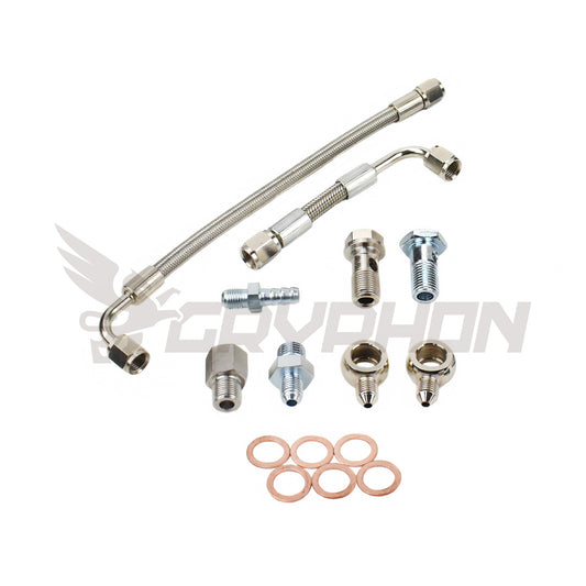 Turbo water line kit for Nissan Cabstar F24M / F24W YD25DDTI with RHF4 VN4 turbocharger, includes 4AN braided stainless coolant feed and return hoses with CNC fittings for OEM-style installation.