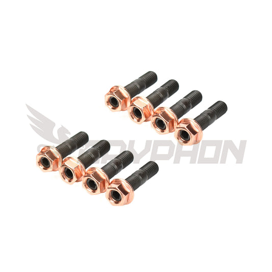 Exhaust manifold stud nut kit for Nissan YD25DDTI engines, featuring S35C carbon steel inner-hex studs with phosphate finish and locking flange nuts for D22, Cabstar, Navara, and NP300 applications.