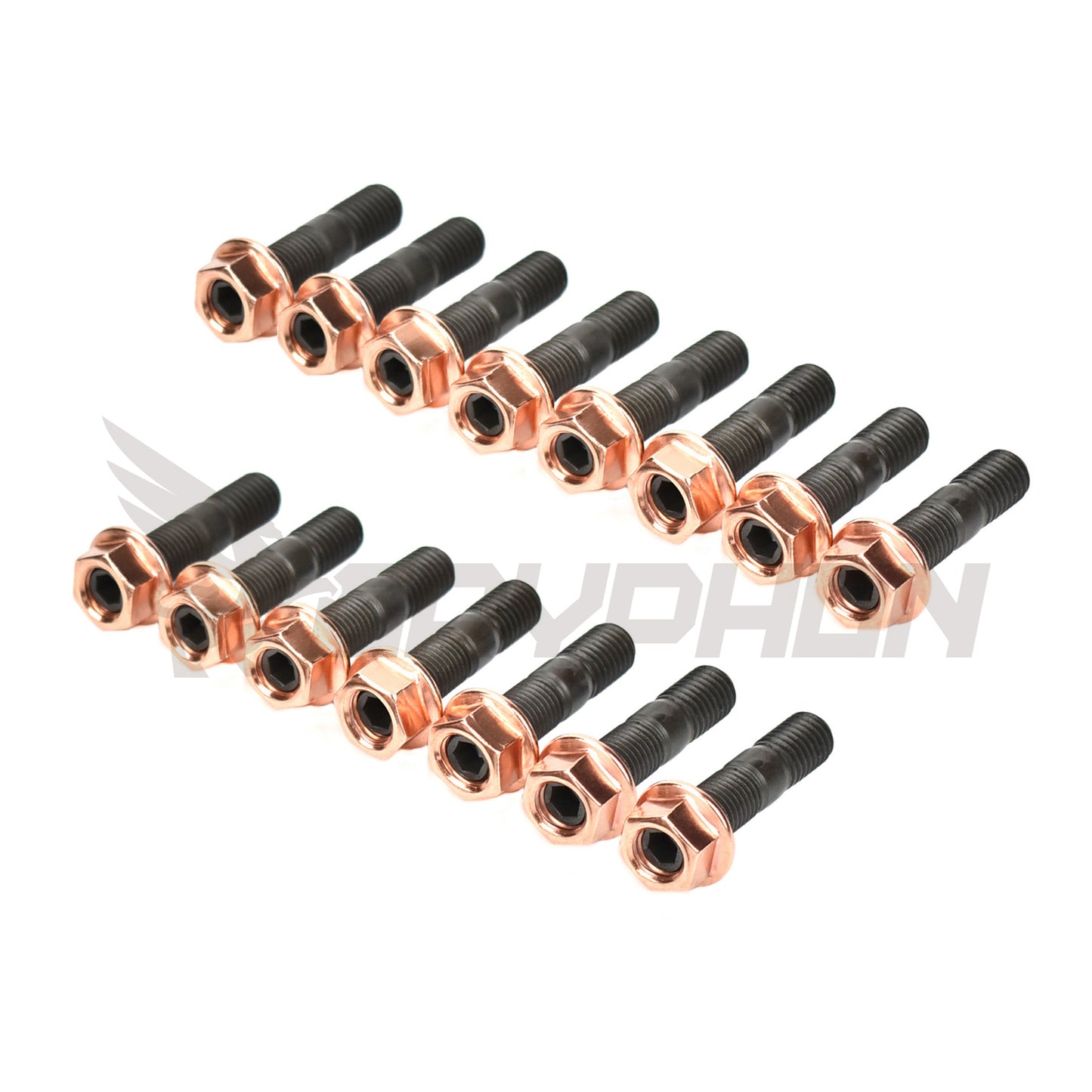 Exhaust manifold and turbo stud nut kit for Nissan YD25DDTI engines, featuring S35C carbon steel inner-hex studs with phosphate finish and locking flange nuts for D22, Cabstar, Navara, and NP300 applications.