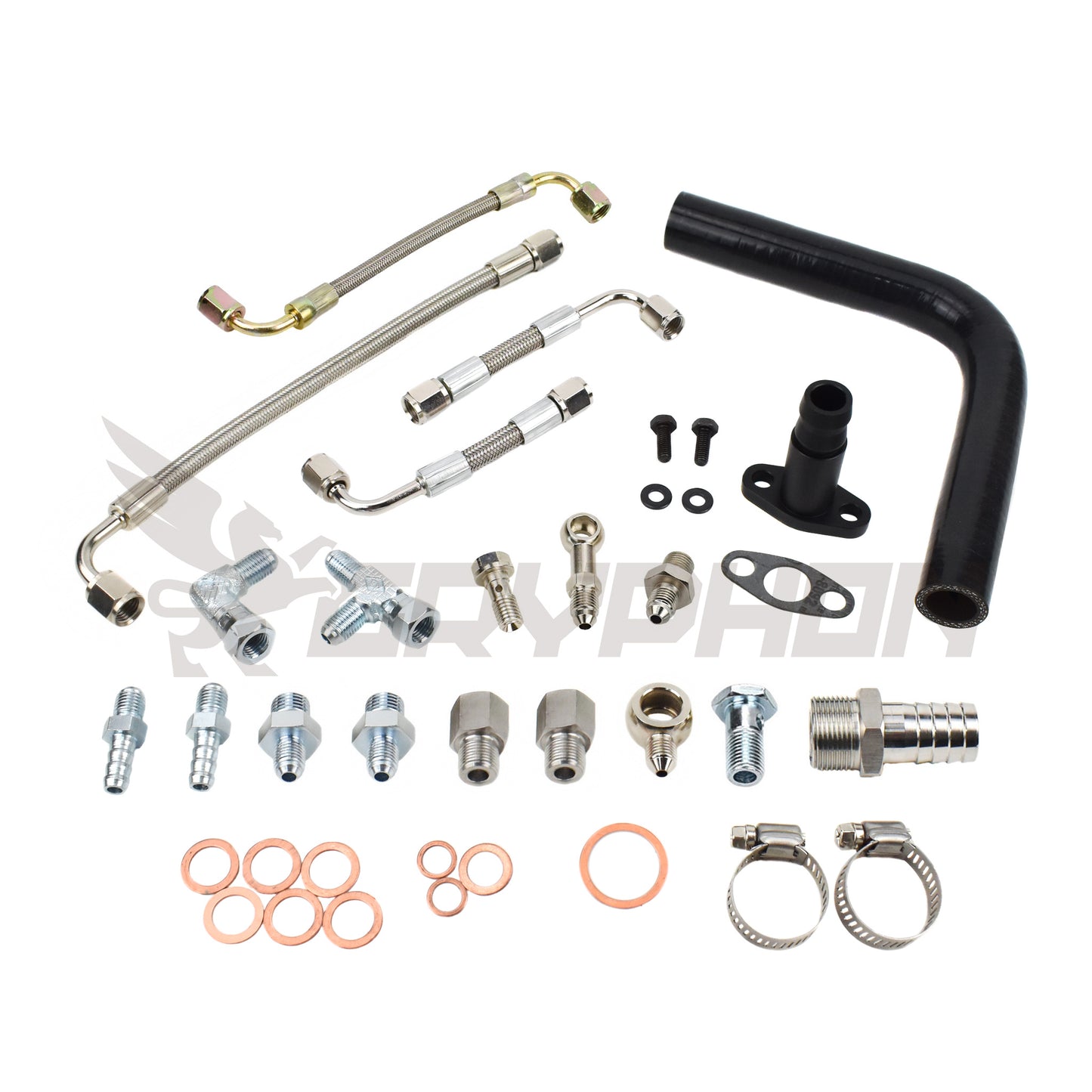 Turbo oil and water line kit for Nissan D22 YD25DDTI with RHF4 VN4 turbocharger, including 4AN PTFE braided oil feed, silicone drain hose, and 4AN braided stainless water lines.