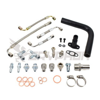 Turbo oil and water line kit for Nissan D22 YD25DDTI with RHF4 VN4 turbocharger, including 4AN PTFE braided oil feed, silicone drain hose, and 4AN braided stainless water lines.