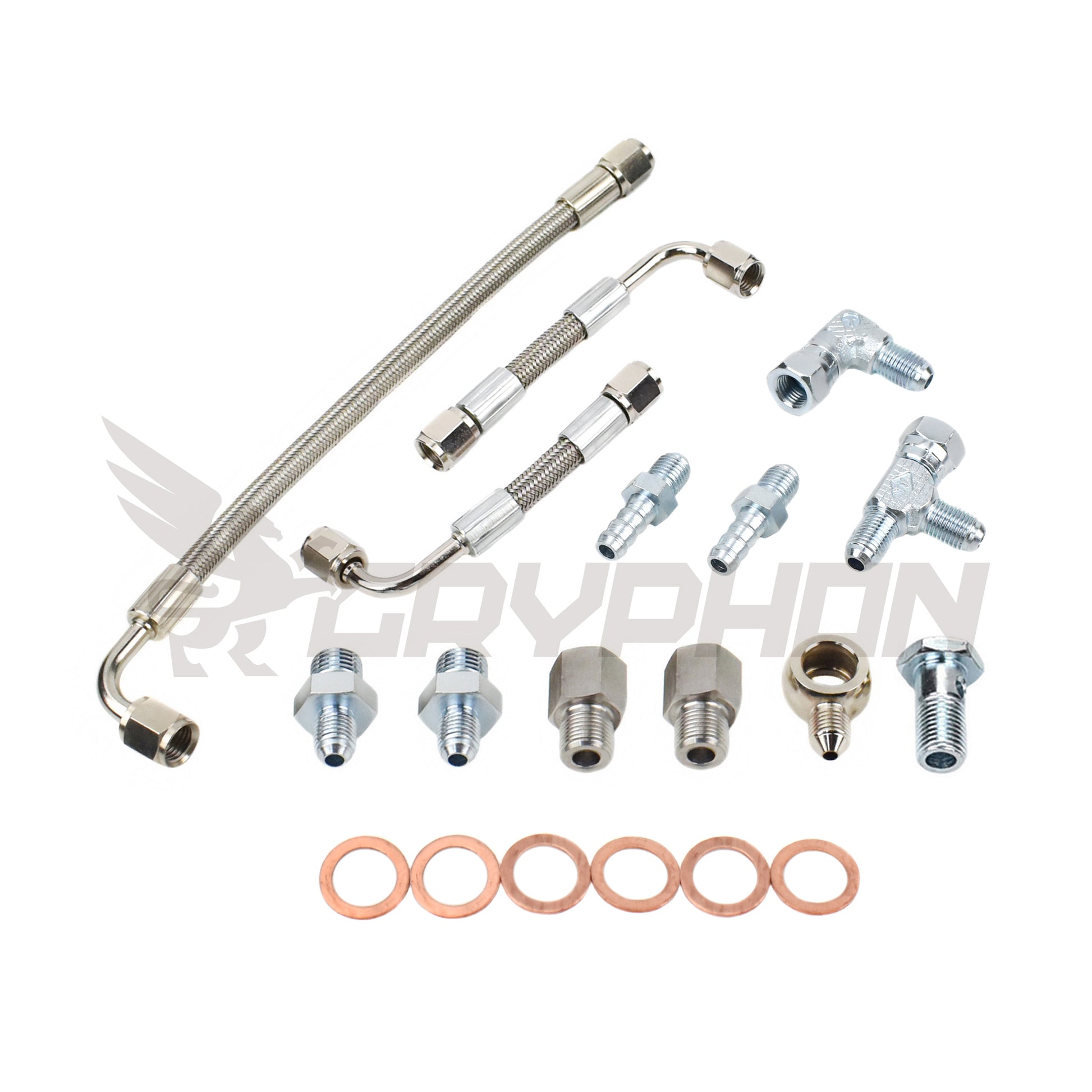 Turbo water line kit for Nissan D22 YD25DDTI with RHF4 VN4 turbocharger, includes dual 6AN braided stainless coolant lines and CNC fittings.