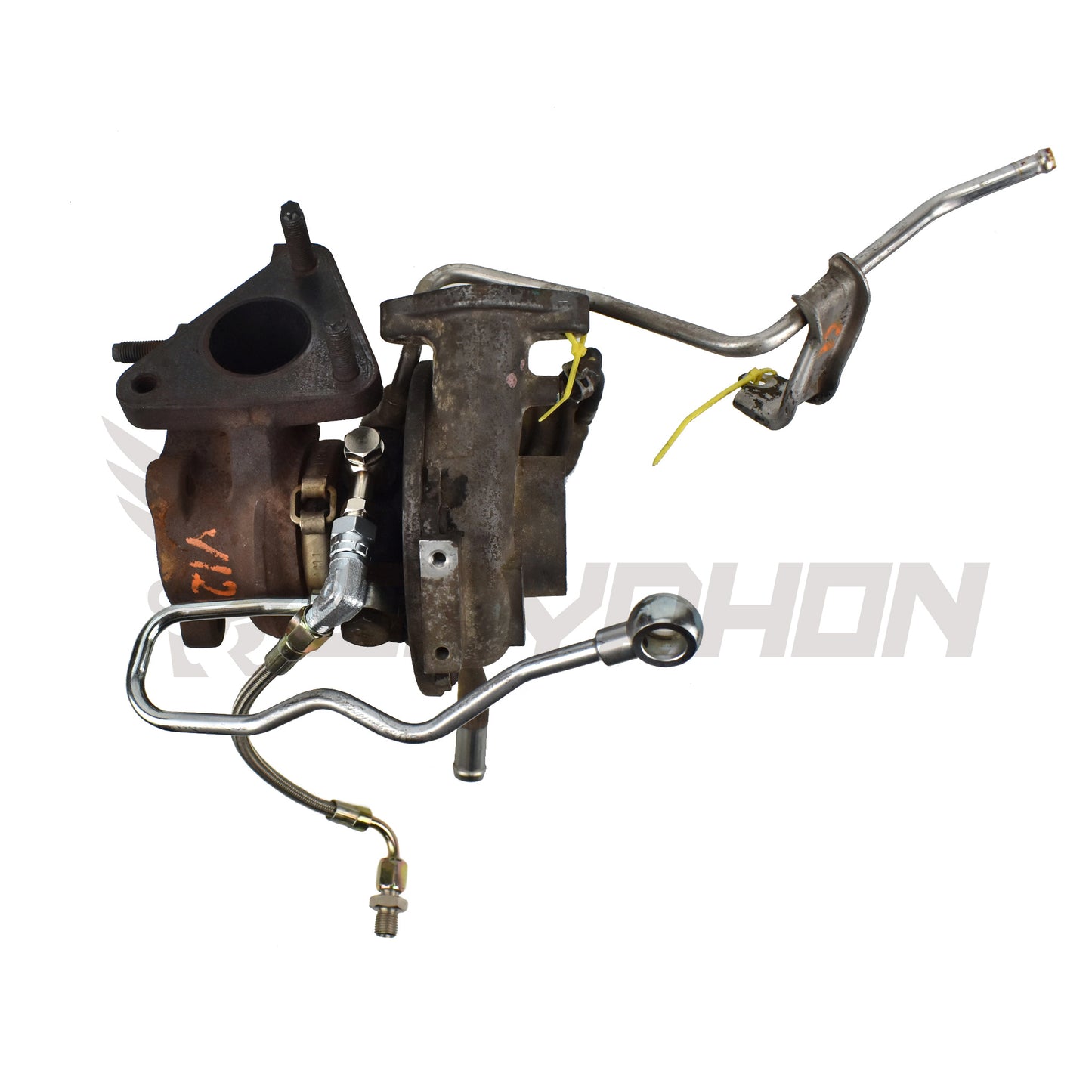 Turbo oil feed line kit for Nissan YD25DDTI with RHF4 VN4 turbocharger, replaces OEM 15192-VK500 / 15192-MB40B oil pipe, includes 4AN PTFE stainless braided hose and CNC fittings.