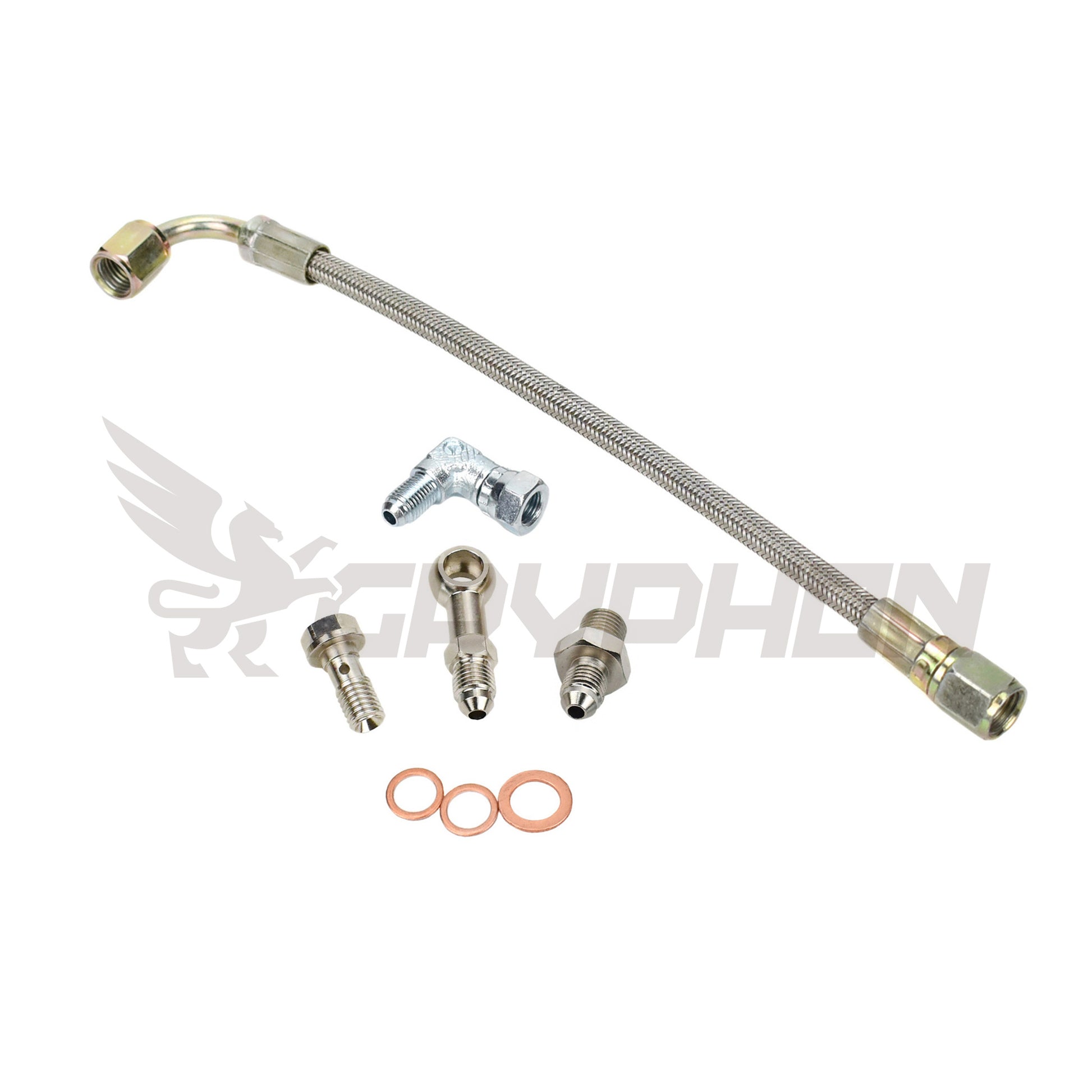 Turbo oil feed line kit for Nissan YD25DDTI with RHF4 VN4 turbocharger, replaces OEM 15192-VK500 / 15192-MB40B oil pipe, includes 4AN PTFE stainless braided hose and CNC fittings.
