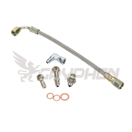 Turbo oil feed line kit for Nissan YD25DDTI with RHF4 VN4 turbocharger, replaces OEM 15192-VK500 / 15192-MB40B oil pipe, includes 4AN PTFE stainless braided hose and CNC fittings.