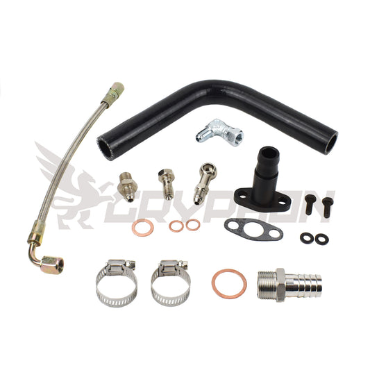 Complete turbo oil feed and return line kit for Nissan YD25DDTI with RHF4 VN4 turbocharger, includes 4AN PTFE stainless braided feed line, silicone drain hose, 6061-T6 flange, gasket, and fittings.
