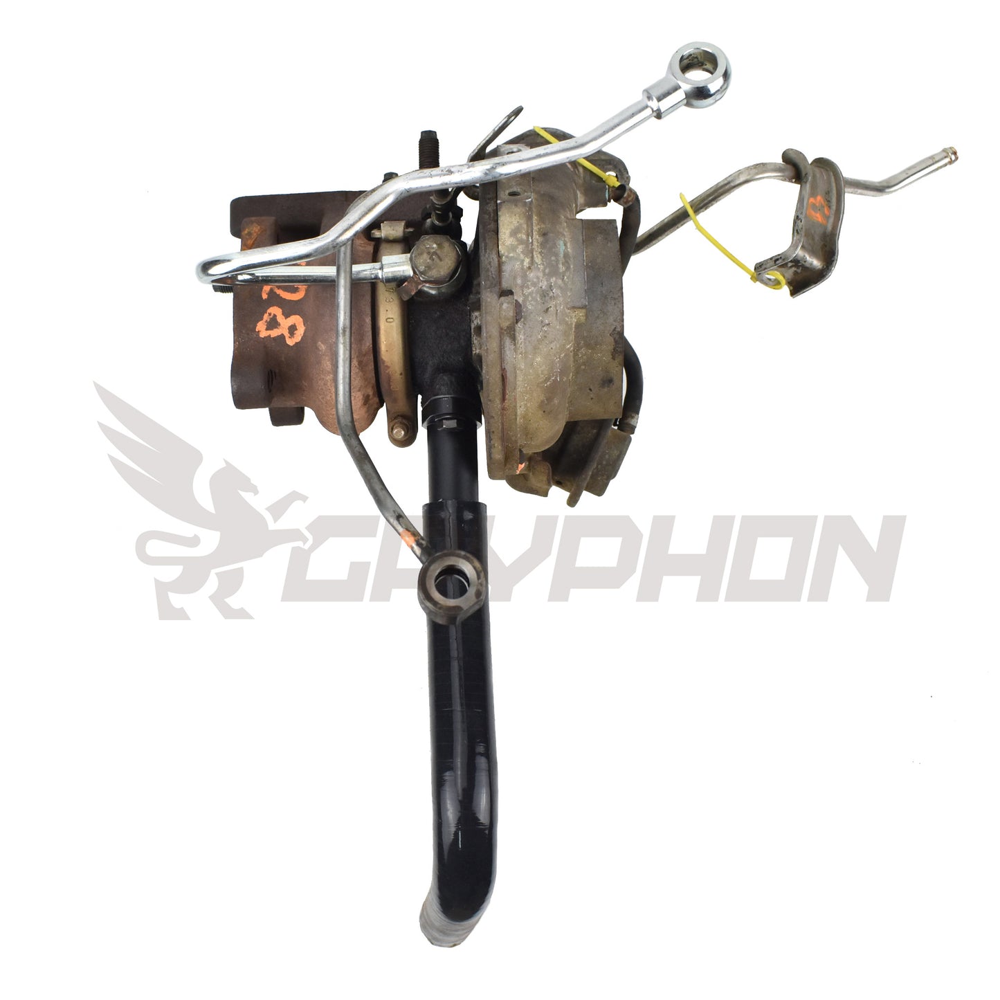 Turbo oil return line kit for Nissan YD25DDTI with RHF4 VN4 turbocharger, includes high-temp silicone hose, 6061-T6 aluminum flange, N-8092 gasket, copper washer, and bolts.