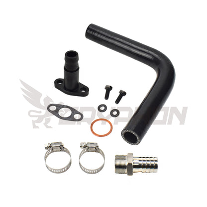 Turbo oil return line kit for Nissan YD25DDTI with RHF4 VN4 turbocharger, includes high-temp silicone hose, 6061-T6 aluminum flange, N-8092 gasket, copper washer, and bolts.