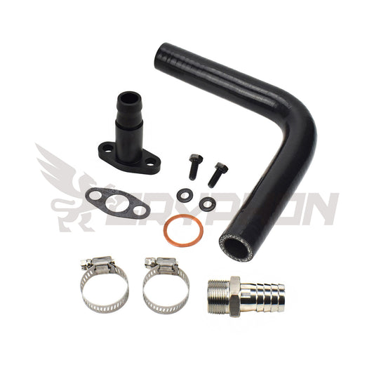 Turbo oil return line kit for Nissan YD25DDTI with RHF4 VN4 turbocharger, includes high-temp silicone hose, 6061-T6 aluminum flange, N-8092 gasket, copper washer, and bolts.