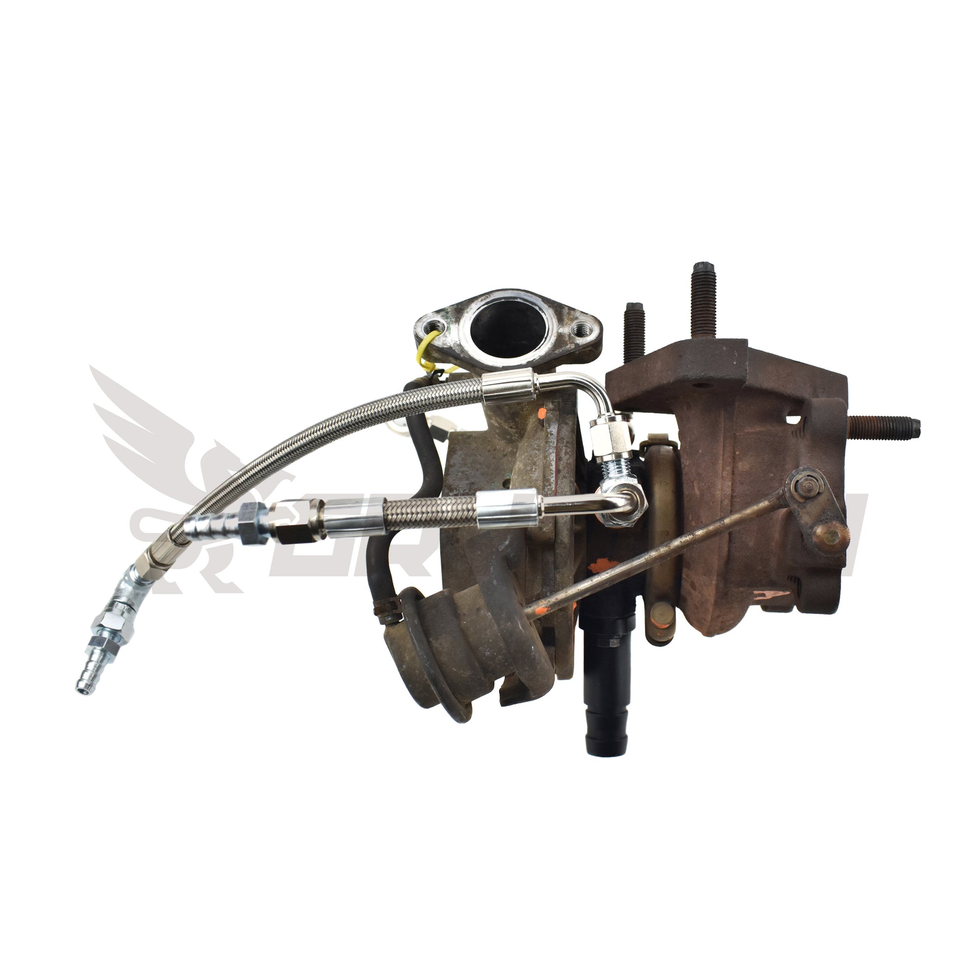 Turbo oil and water line kit for Nissan D22 YD25DDTI with RHF4 VN4 turbocharger, including 4AN PTFE braided oil feed, silicone drain hose, and 6AN braided stainless water lines.